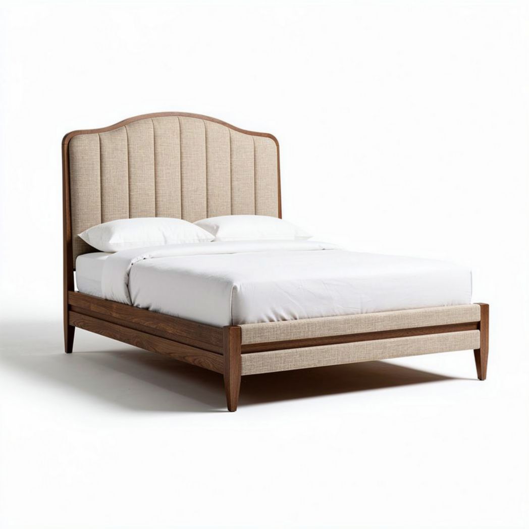 Lit en bois avec tête de lit capitonnée en tissu beige 200 x 160 x 100cm