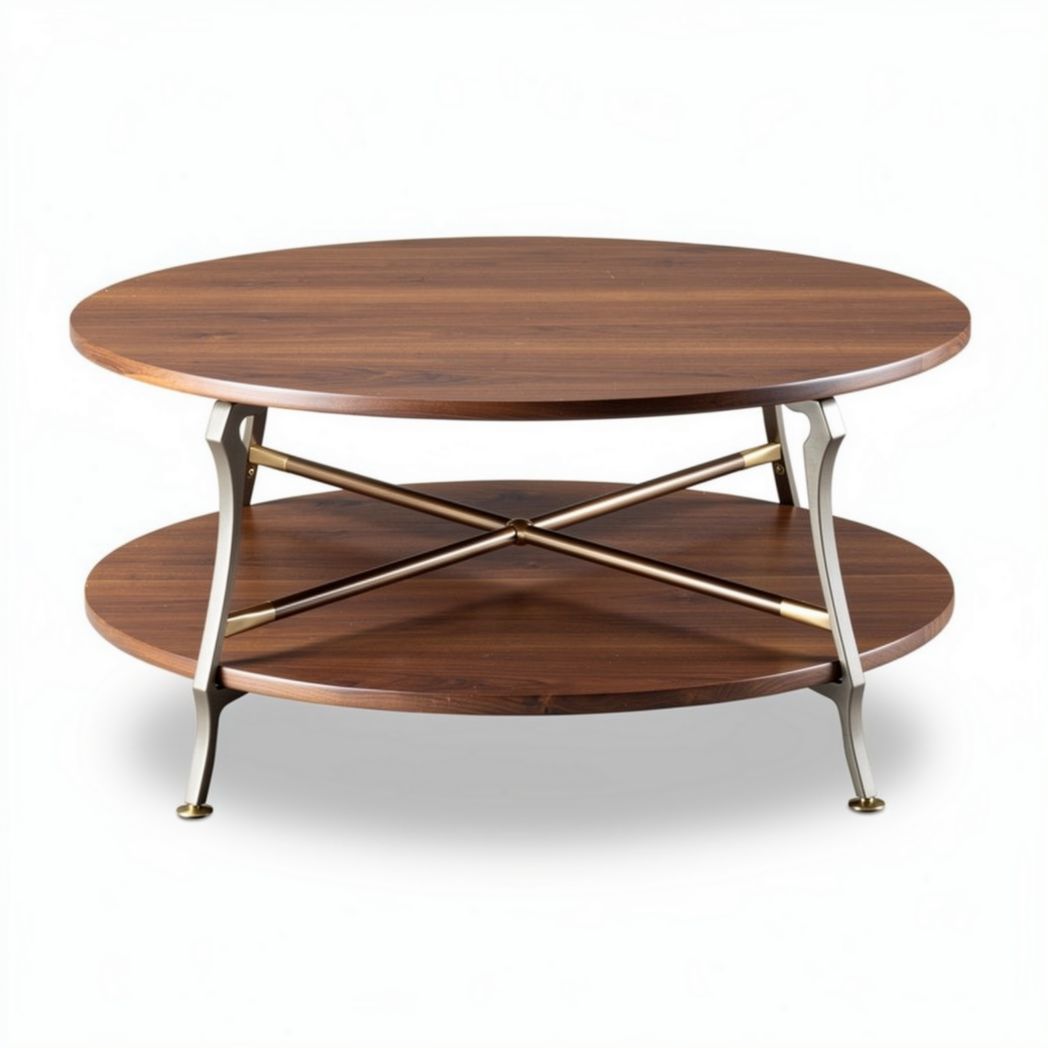 Table basse en bois avec étagère en métal diamètre 100 cm hauteur 40 cm finition marron