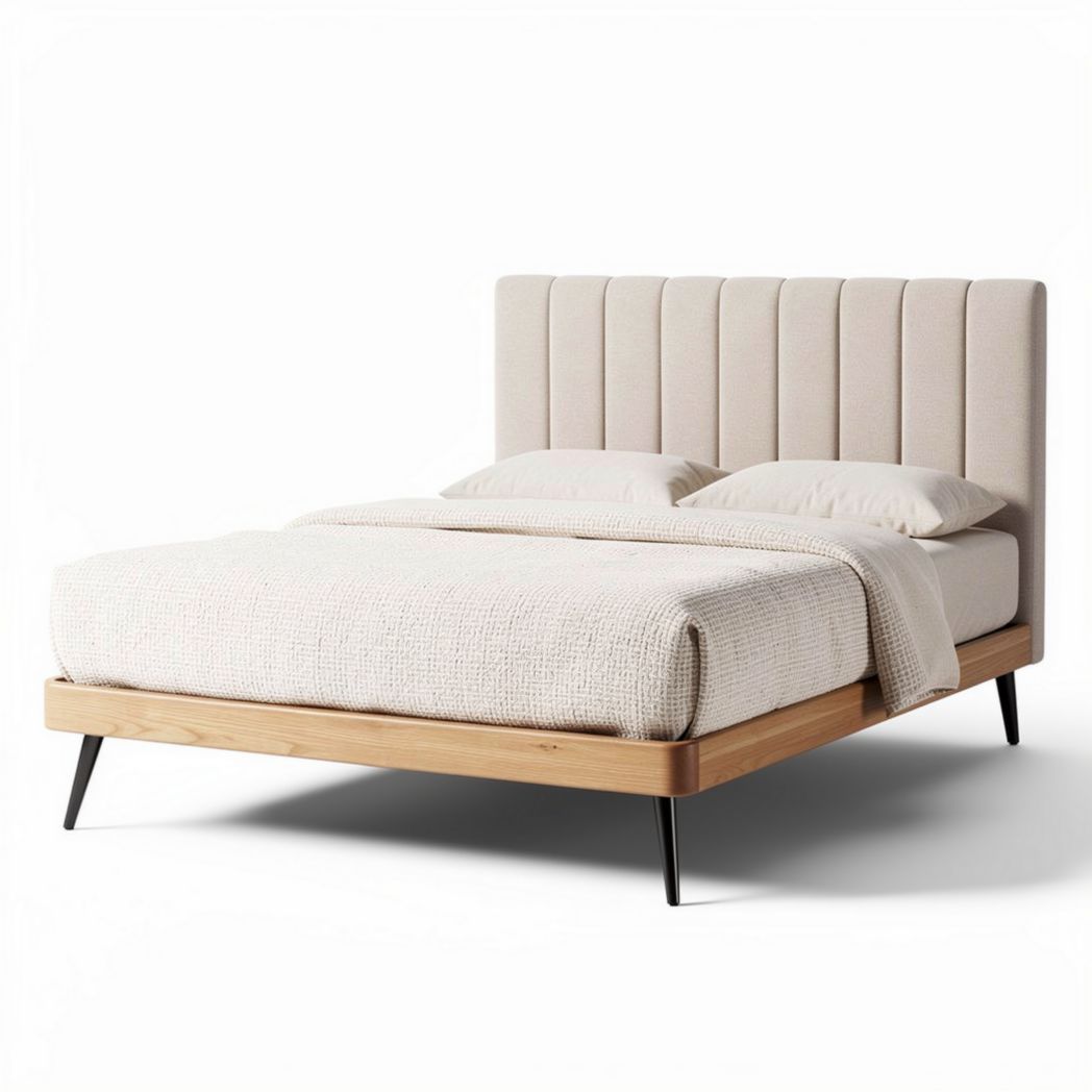 Lit en bois avec tête de lit rembourrée couleur beige 200 x 160 x 100cm