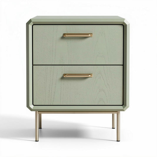 Table de chevet en bois vert avec deux tiroirs et pieds en métal 45 x 40 x 60cm