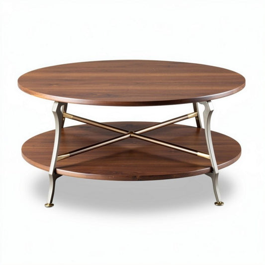 Table basse en bois avec étagère en métal diamètre 100 cm hauteur 40 cm finition marron
