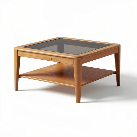 Table basse carrée en bois avec surface en verre 60 x 60 x 45cm