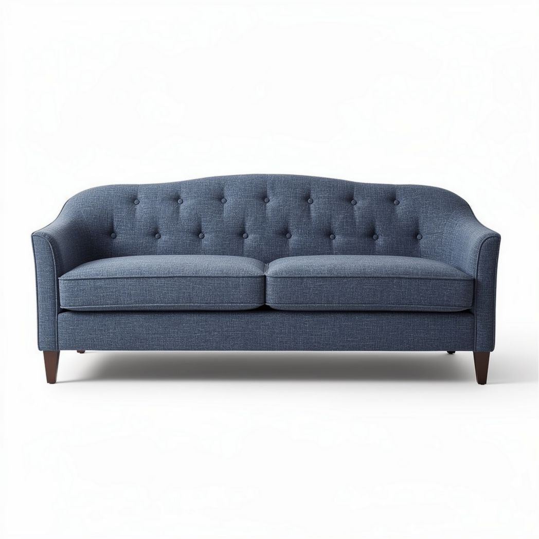 Canapé bleu en tissu avec accoudoirs et dimensions 180 x 80 x 85cm